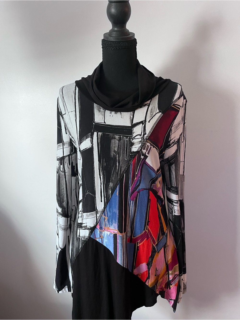 Dolcezza Cowl Neck Abstract Panel Long-Sleeve Tunic - Black/Multi